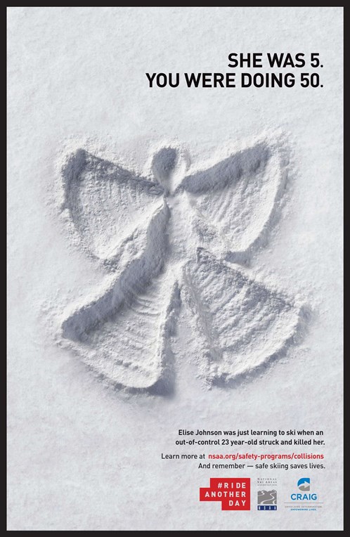 Ride Another Day poster: a snow angel in the snow with the words She was 5. You were doing 50.