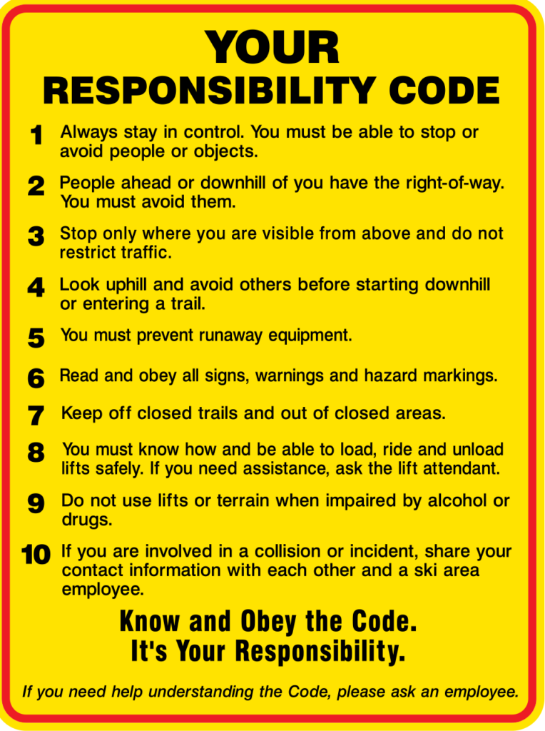 Your Responsibility Code poster listing the ten points of the 2022 Skier Responsibility Code